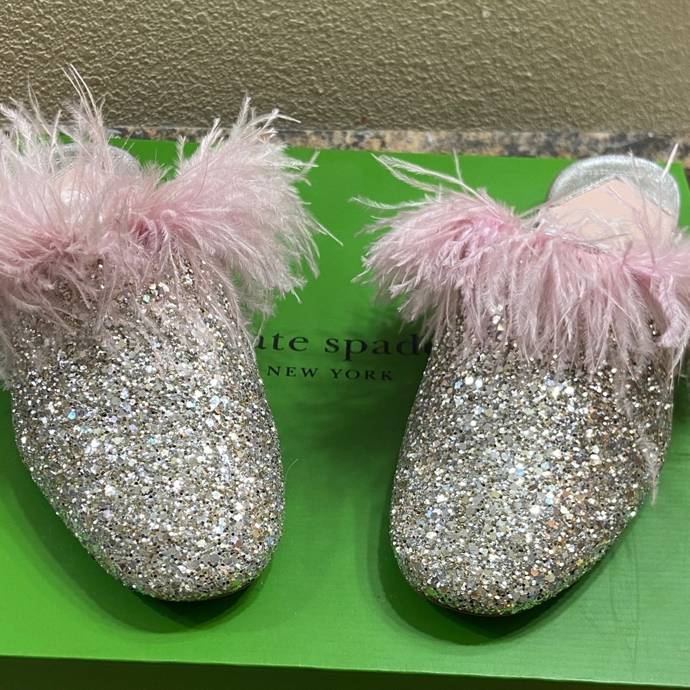 Kate Spade Glitter Silver Mules with Pink Feathers